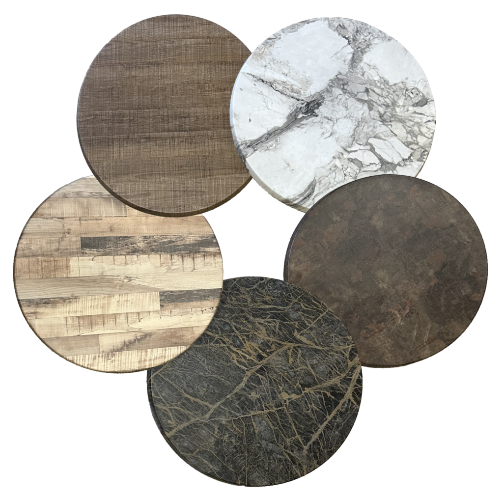 TL: Bayou Oak
TR: Almeria Marble
BL: Weathered Barnside
BR: Oxide
Middle: Sienna Marble